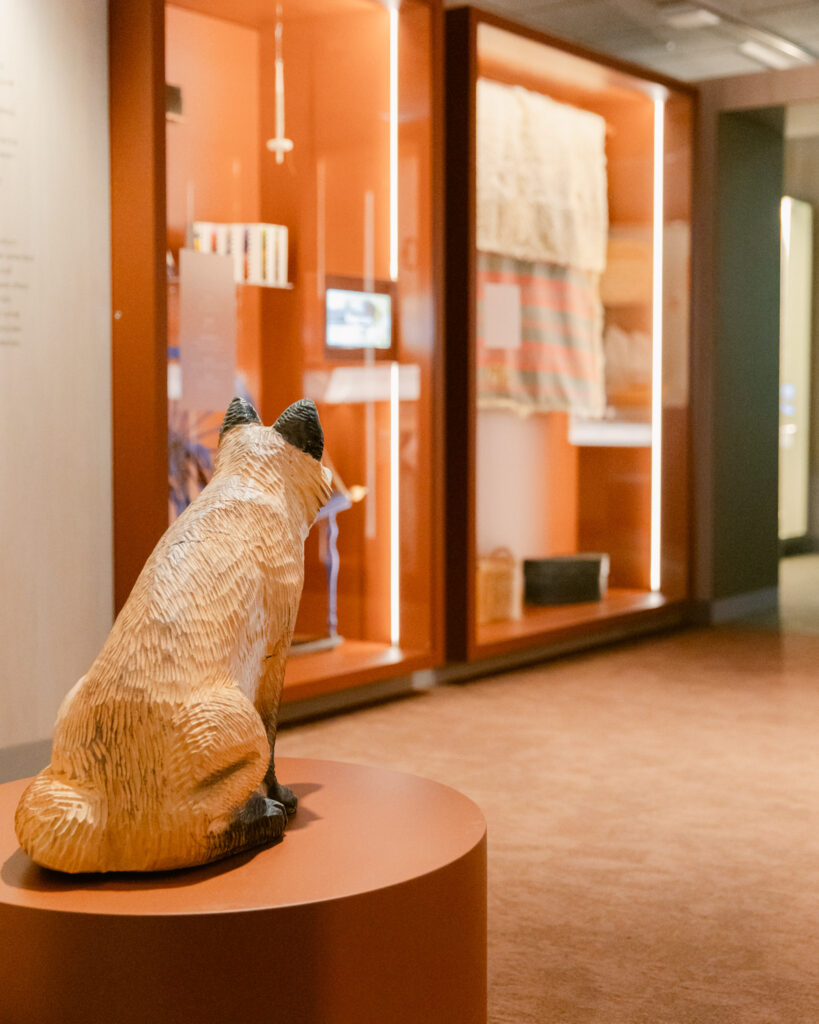 Näyttelyarkkitehtuuri museossa, jossa valaistus korostaa sisältöä ja luo rauhallisen tunnelman perusnäyttelyyn.